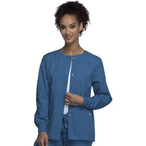Cherokee scrubs jacket for women, Snap Front Warm-Up Jacket with 3 Pockets and Easy Care – 4350(Caribbean Blue)