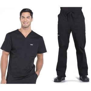 Men Scrubs Set Workwear Professionals WW675 Tuckable V-Neck Top & WW190 Tapered Leg Fly Front Cargo Pant, Black- M Top/L Pant