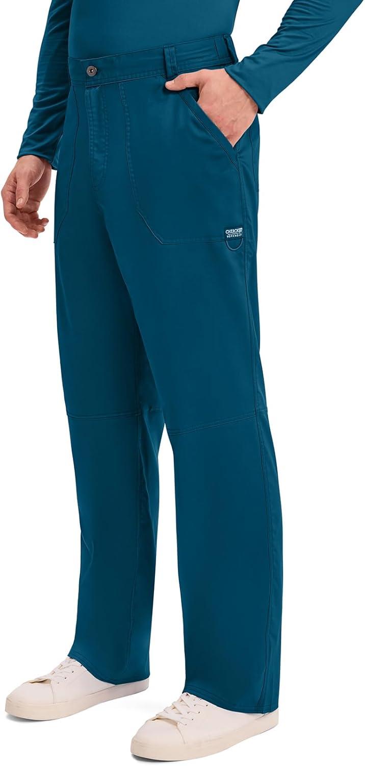 imageCherokee Mens Scrub Pants with Cargo Pockets TwoWay Stretch Modern fit Button Closure with Inside Drawstring Pants WW140Caribbean Blue