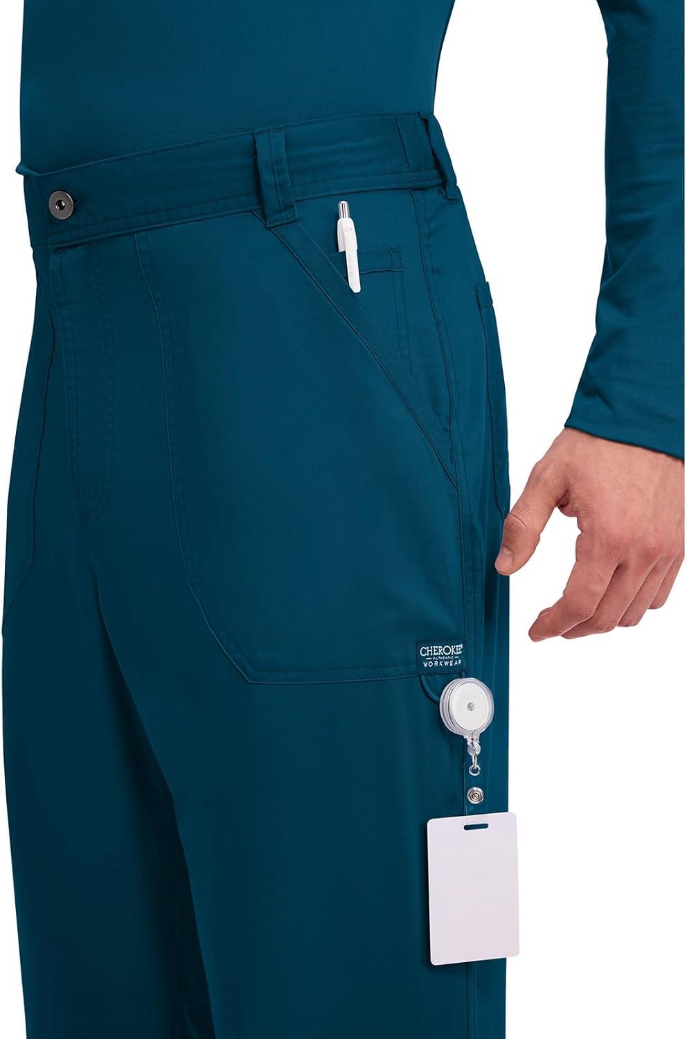 imageCherokee Mens Scrub Pants with Cargo Pockets TwoWay Stretch Modern fit Button Closure with Inside Drawstring Pants WW140Caribbean Blue