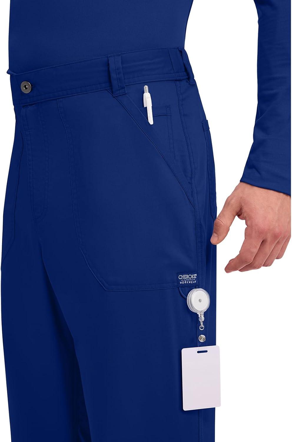imageCherokee Mens Scrub Pants with Cargo Pockets TwoWay Stretch Modern fit Button Closure with Inside Drawstring Pants WW140Galaxy Blue
