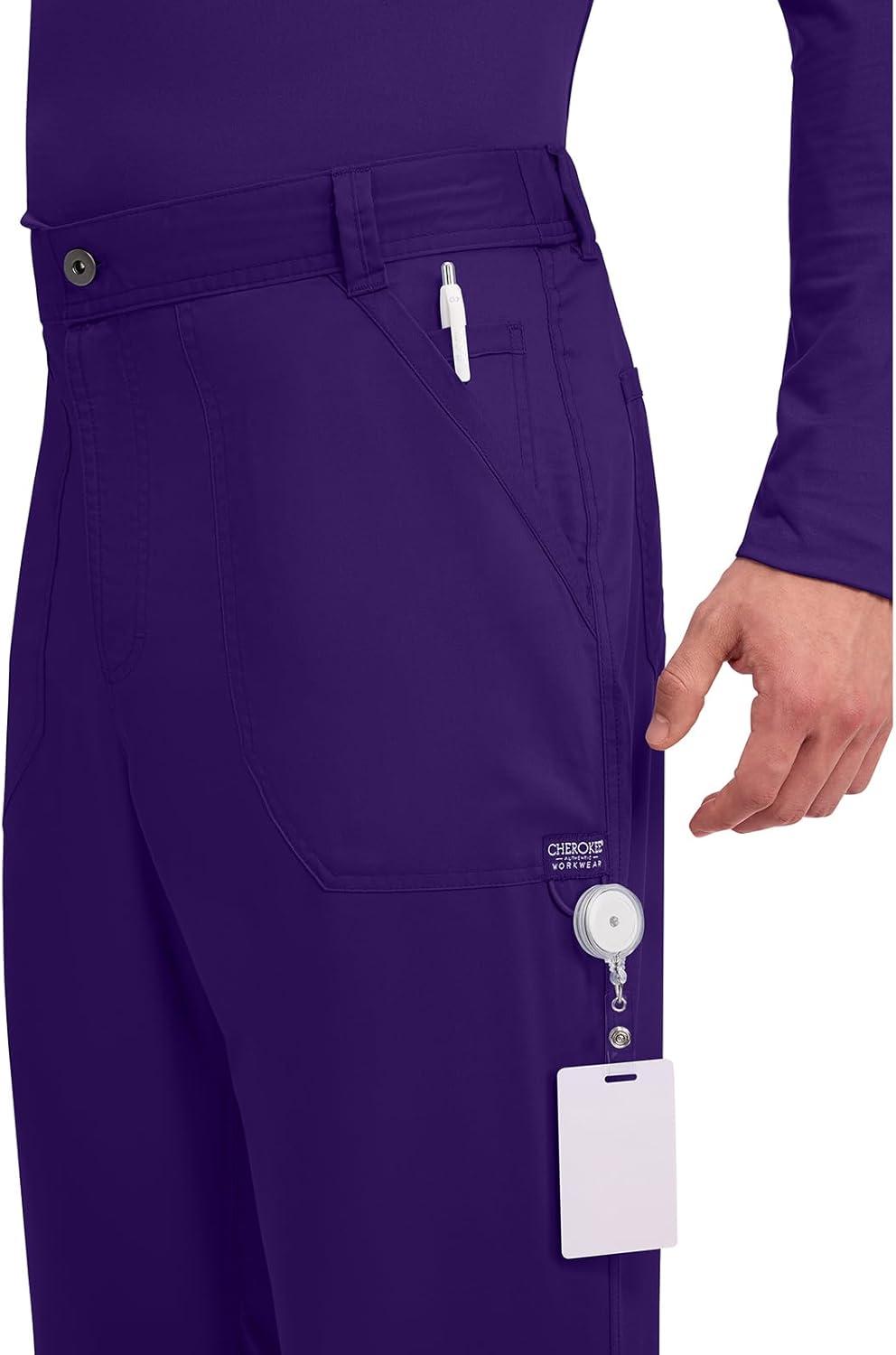 imageCherokee Mens Scrub Pants with Cargo Pockets TwoWay Stretch Modern fit Button Closure with Inside Drawstring Pants WW140Grape