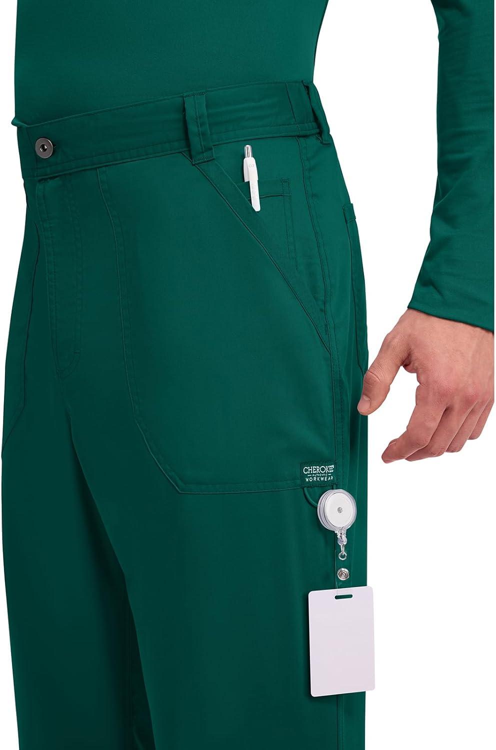 imageCherokee Mens Scrub Pants with Cargo Pockets TwoWay Stretch Modern fit Button Closure with Inside Drawstring Pants WW140Hunter Green