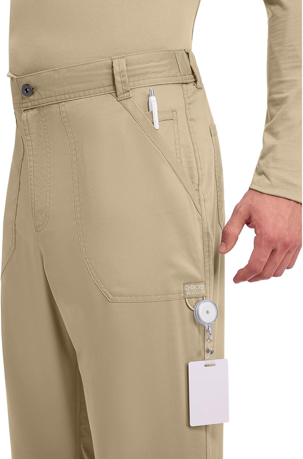 imageCherokee Mens Scrub Pants with Cargo Pockets TwoWay Stretch Modern fit Button Closure with Inside Drawstring Pants WW140Khaki