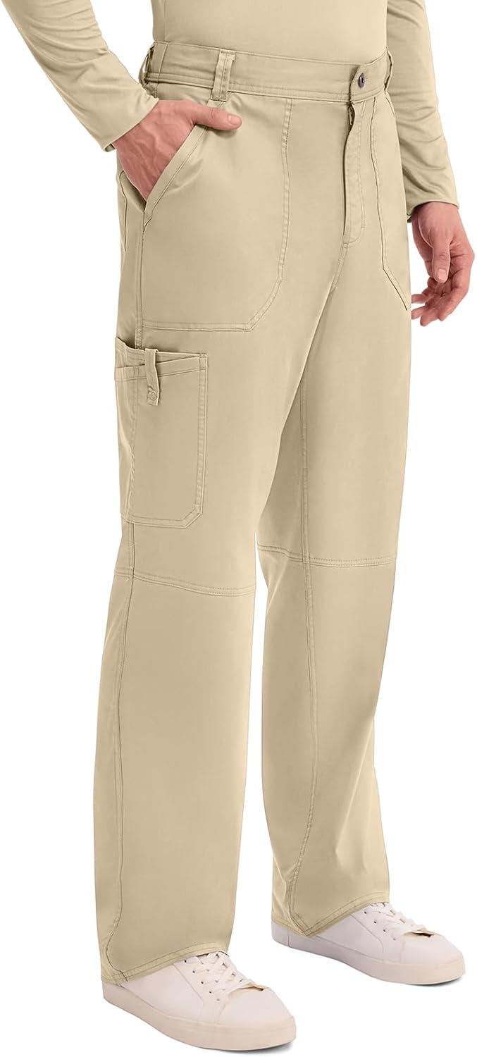 imageCherokee Mens Scrub Pants with Cargo Pockets TwoWay Stretch Modern fit Button Closure with Inside Drawstring Pants WW140Khaki