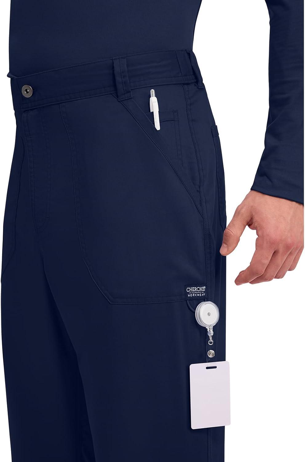 imageCherokee Mens Scrub Pants with Cargo Pockets TwoWay Stretch Modern fit Button Closure with Inside Drawstring Pants WW140Navy