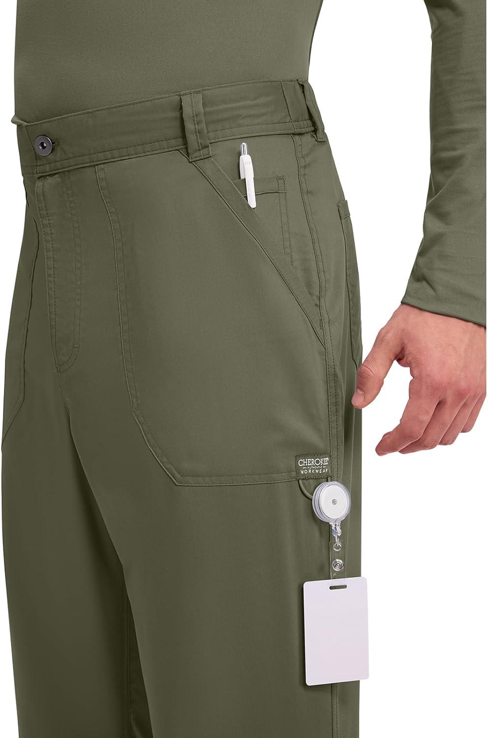 imageCherokee Mens Scrub Pants with Cargo Pockets TwoWay Stretch Modern fit Button Closure with Inside Drawstring Pants WW140Olive