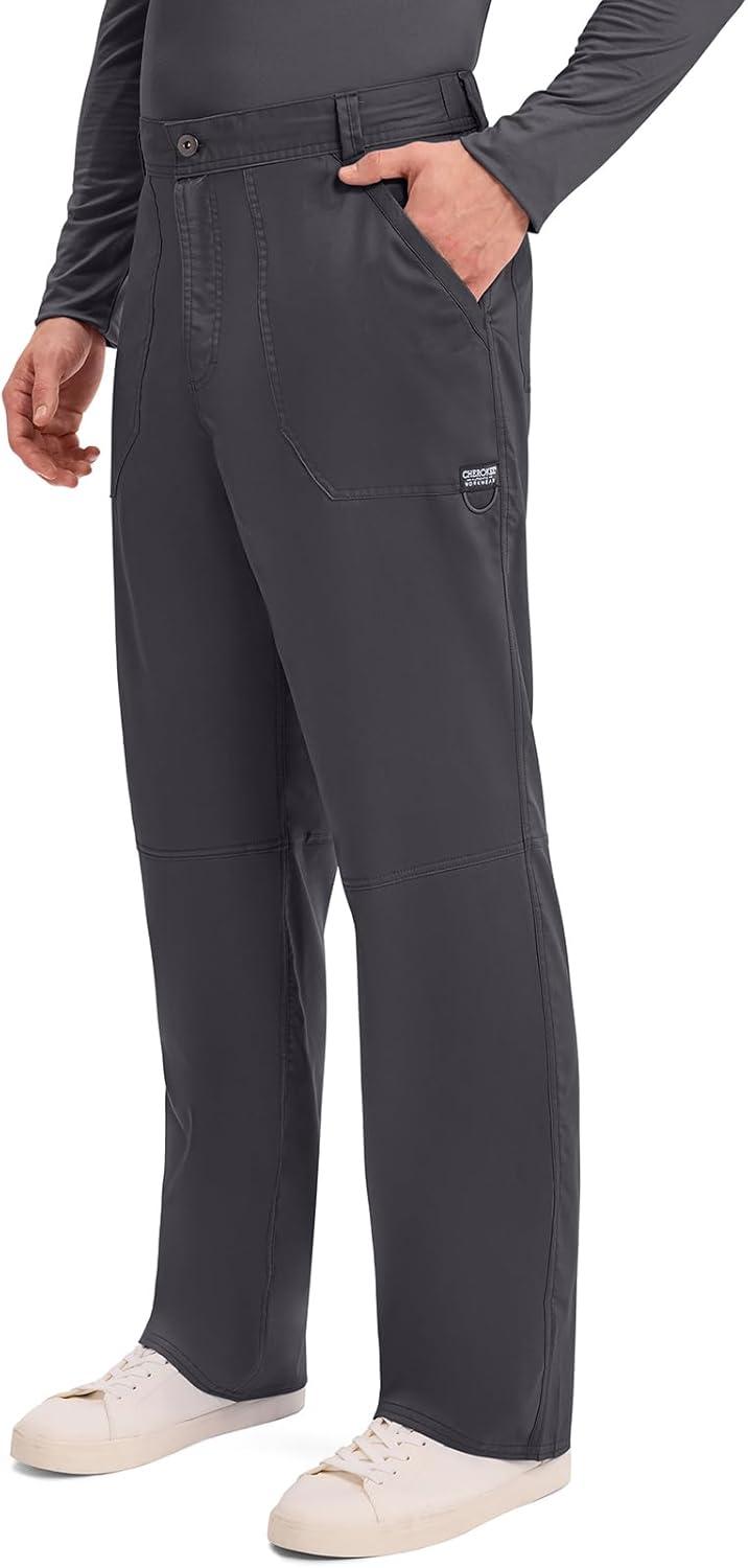 imageCherokee Mens Scrub Pants with Cargo Pockets TwoWay Stretch Modern fit Button Closure with Inside Drawstring Pants WW140Pewter