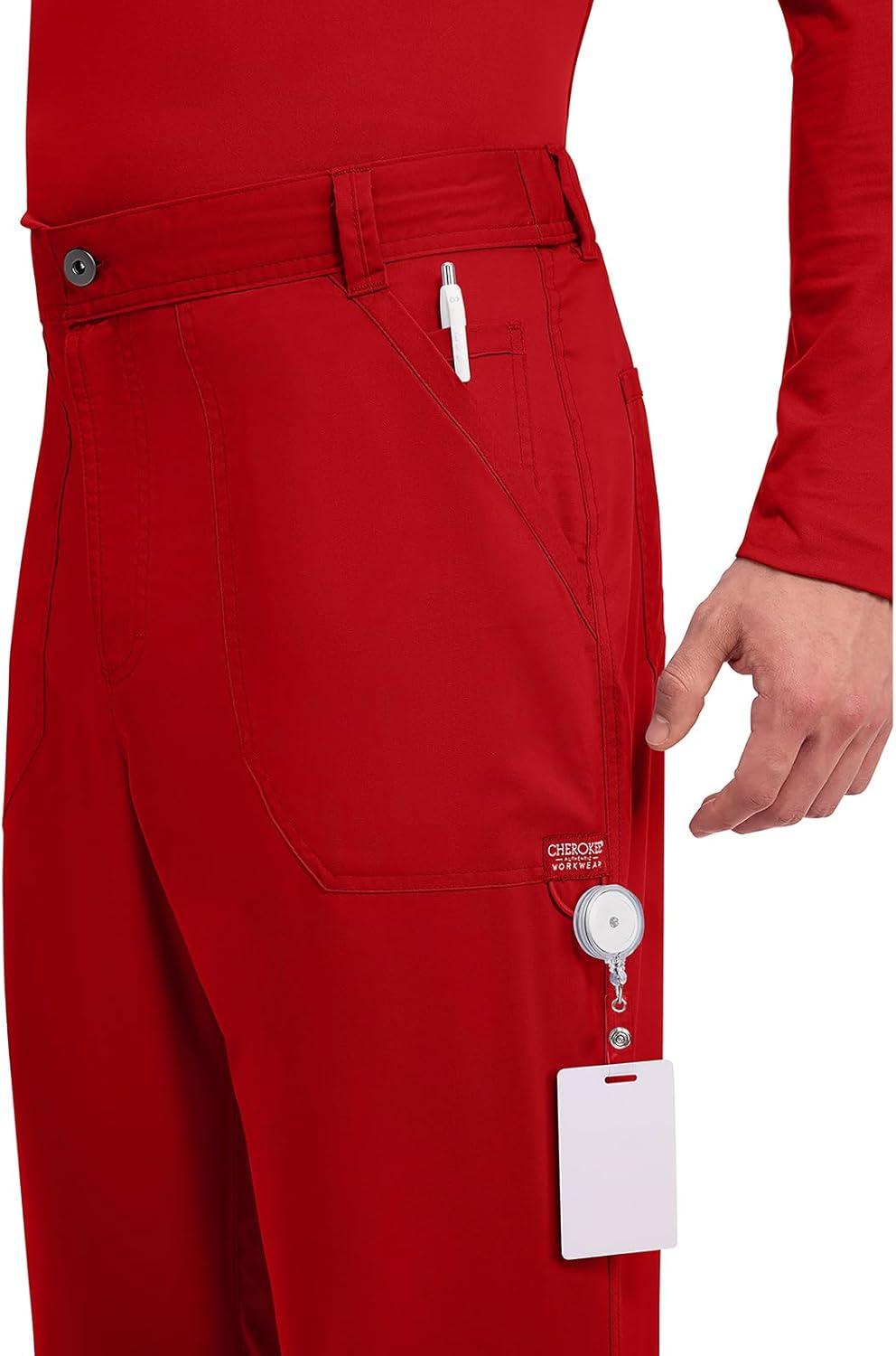imageCherokee Mens Scrub Pants with Cargo Pockets TwoWay Stretch Modern fit Button Closure with Inside Drawstring Pants WW140Red