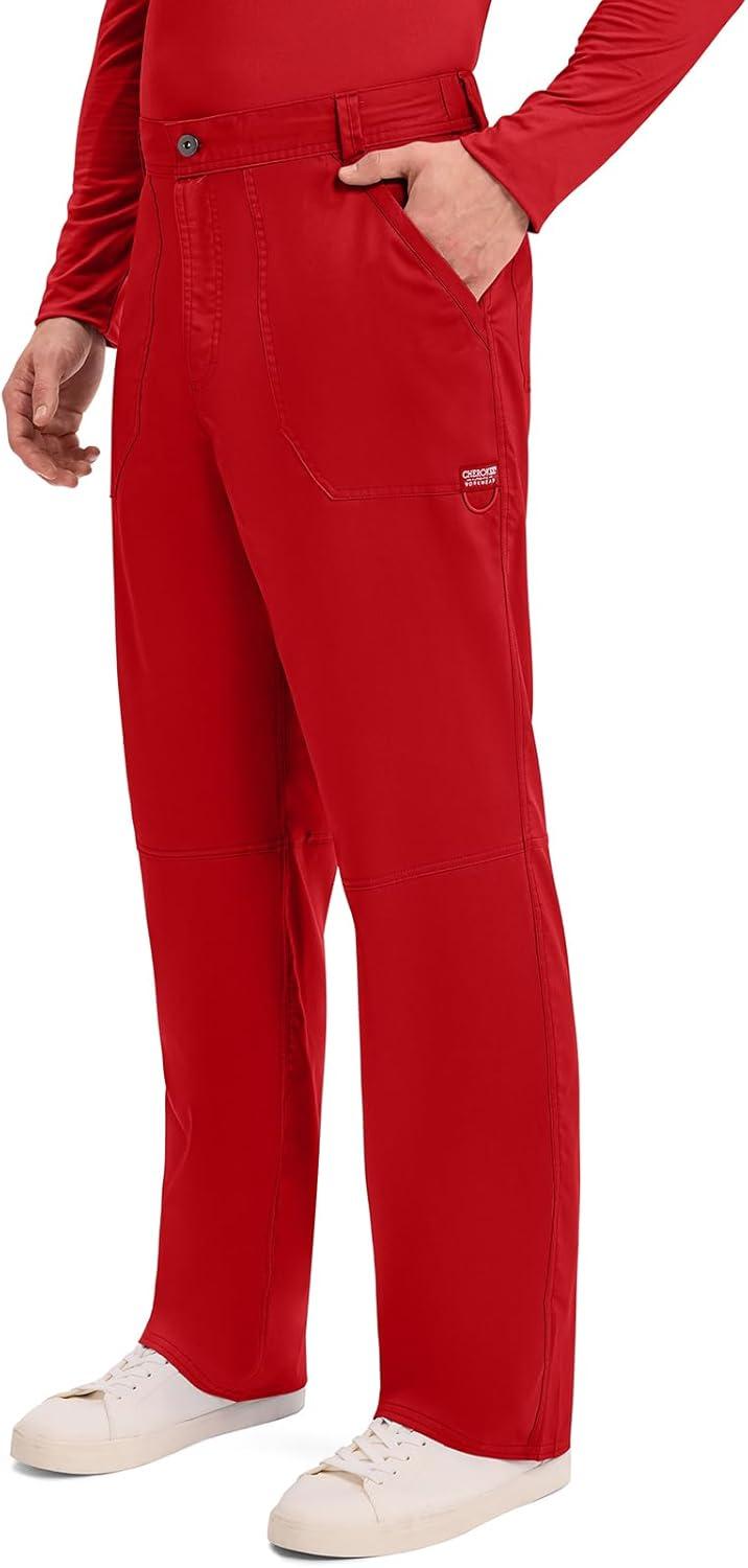 imageCherokee Mens Scrub Pants with Cargo Pockets TwoWay Stretch Modern fit Button Closure with Inside Drawstring Pants WW140Red