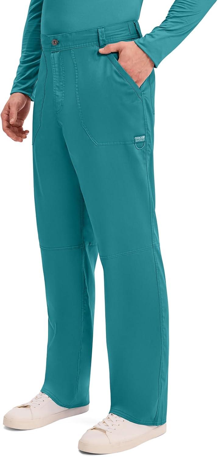 imageCherokee Mens Scrub Pants with Cargo Pockets TwoWay Stretch Modern fit Button Closure with Inside Drawstring Pants WW140Teal Blue