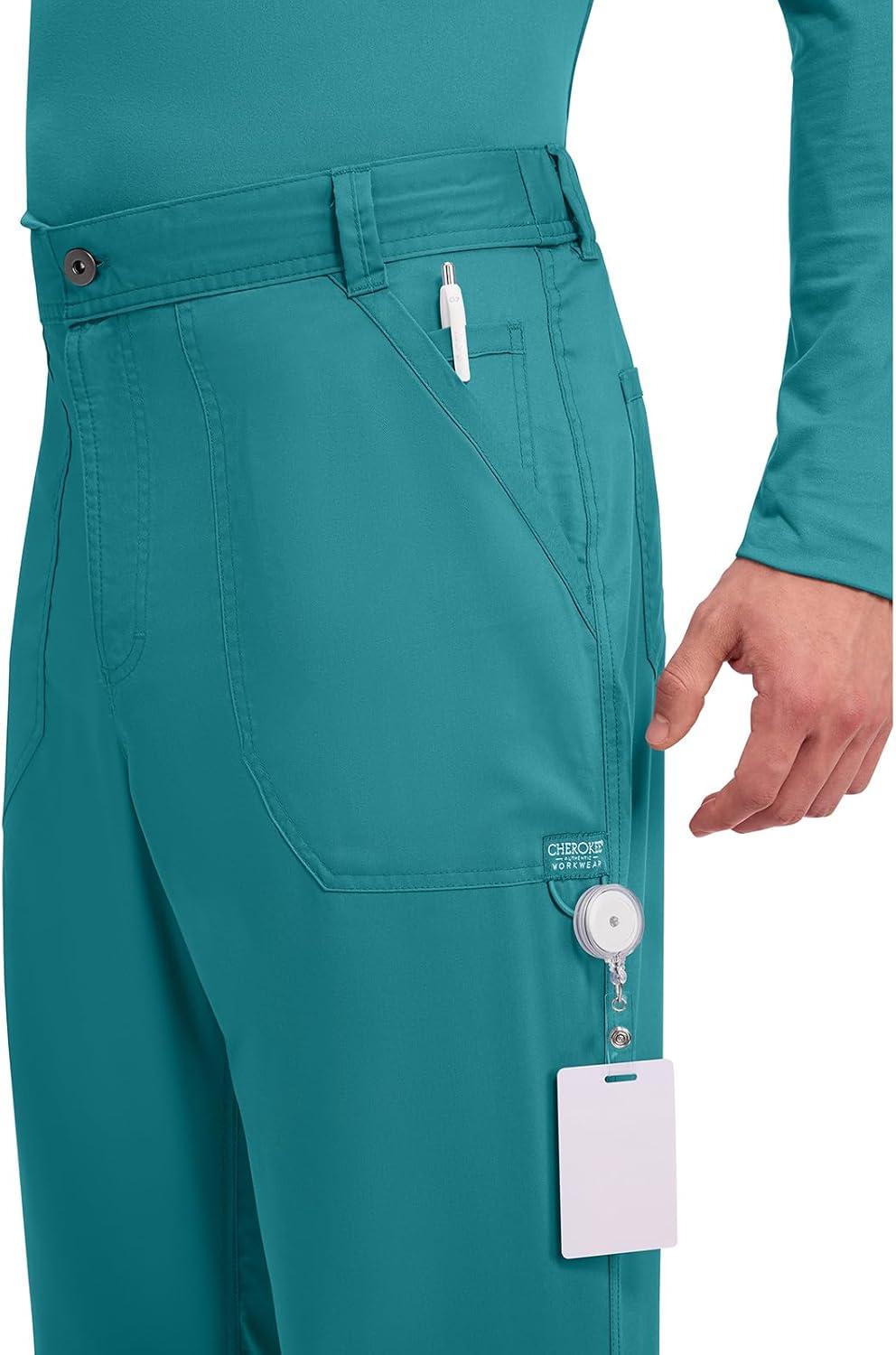 imageCherokee Mens Scrub Pants with Cargo Pockets TwoWay Stretch Modern fit Button Closure with Inside Drawstring Pants WW140Teal Blue