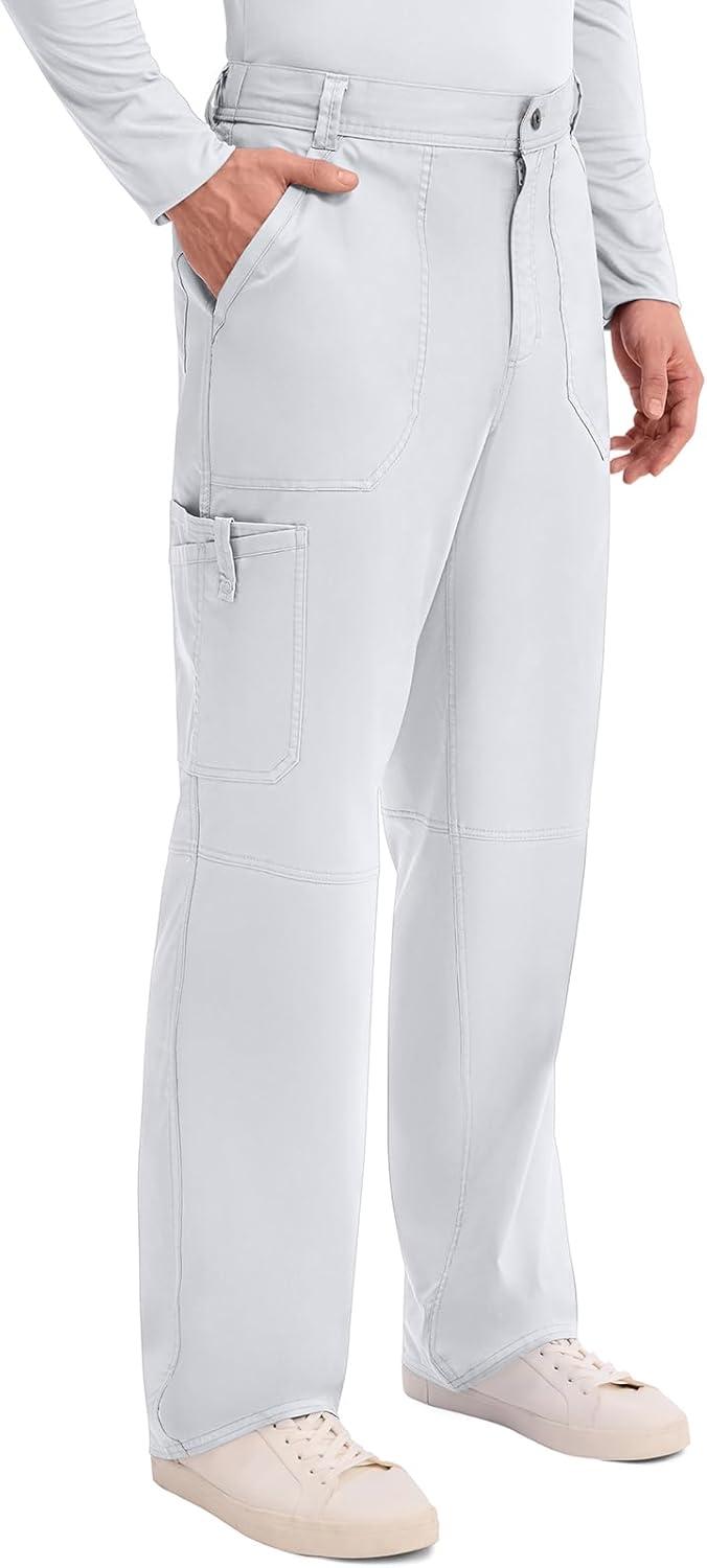 imageCherokee Mens Scrub Pants with Cargo Pockets TwoWay Stretch Modern fit Button Closure with Inside Drawstring Pants WW140White