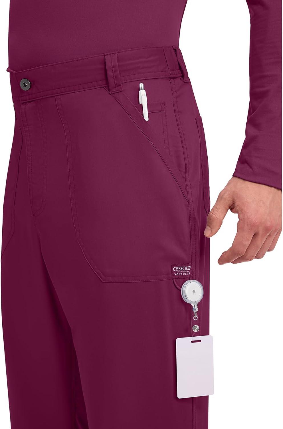 imageCherokee Mens Scrub Pants with Cargo Pockets TwoWay Stretch Modern fit Button Closure with Inside Drawstring Pants WW140Wine