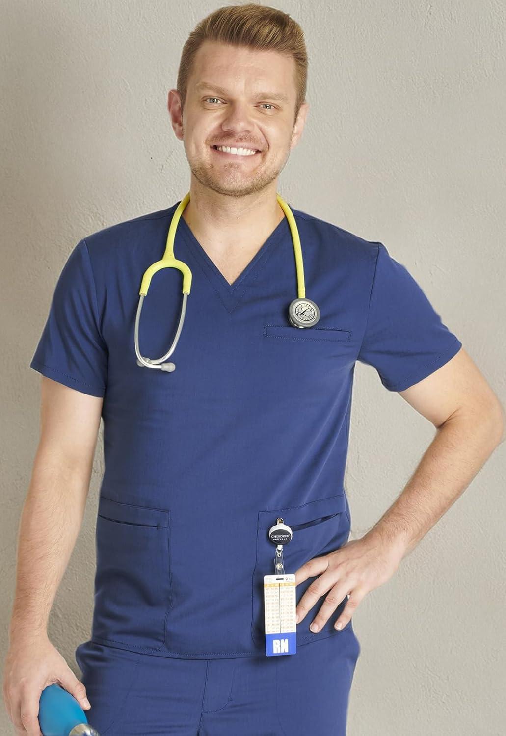 imageCherokee Mens VNeck Scrub Top with 3 Pockets HighLow Rounded Hem and Back Yoke Seam for Comfort CK719ANavy