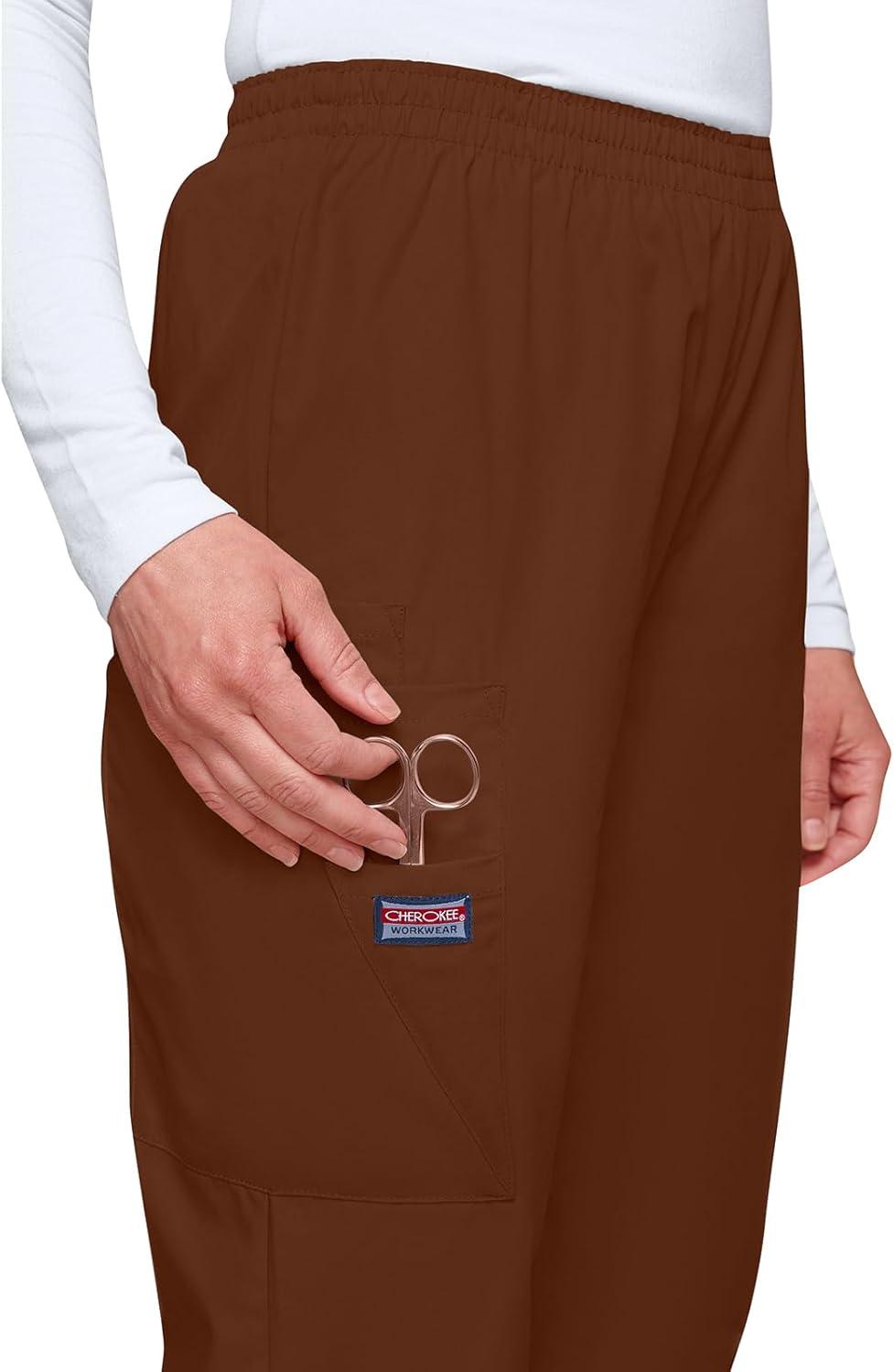 imageCherokee Scrubs for Women Cargo Pant Natural Rise Tapered PullOn Bottom with 4 Pockets Fade Resistant Fabric 4200Chocolate