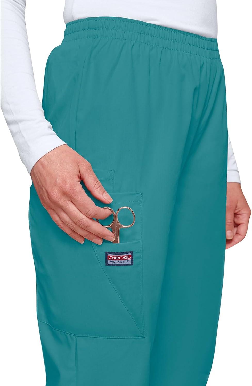 imageCherokee Scrubs for Women Cargo Pant Natural Rise Tapered PullOn Bottom with 4 Pockets Fade Resistant Fabric 4200Teal Blue
