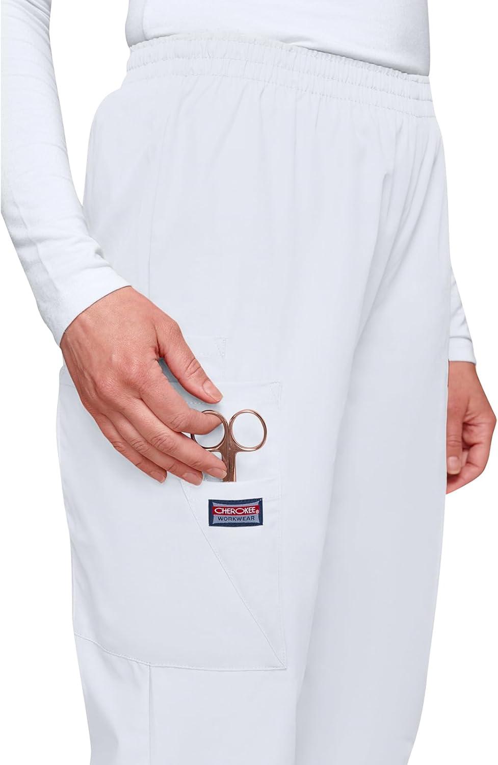 imageCherokee Scrubs for Women Cargo Pant Natural Rise Tapered PullOn Bottom with 4 Pockets Fade Resistant Fabric 4200White