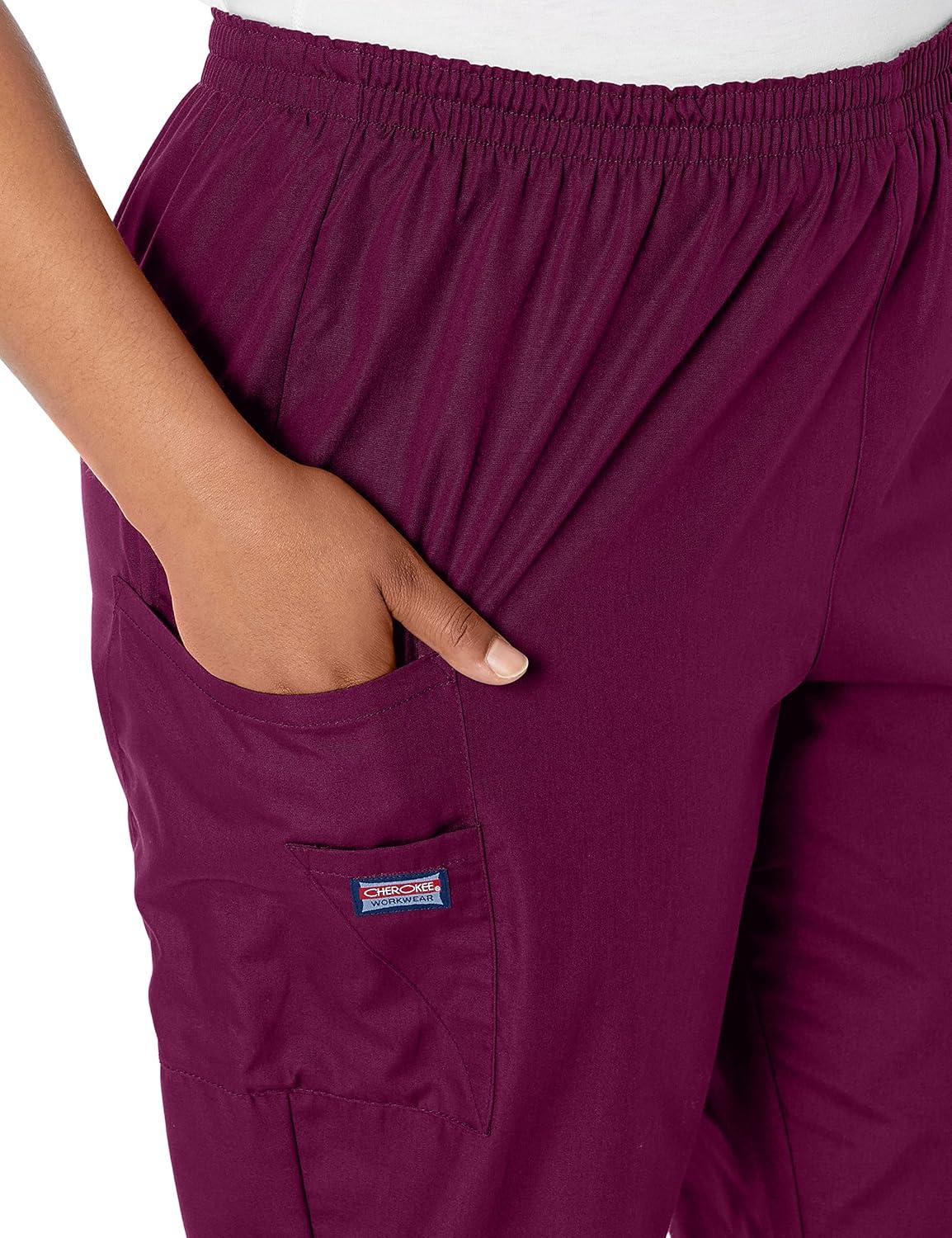 imageCherokee Scrubs for Women Cargo Pant Natural Rise Tapered PullOn Bottom with 4 Pockets Fade Resistant Fabric 4200Wine