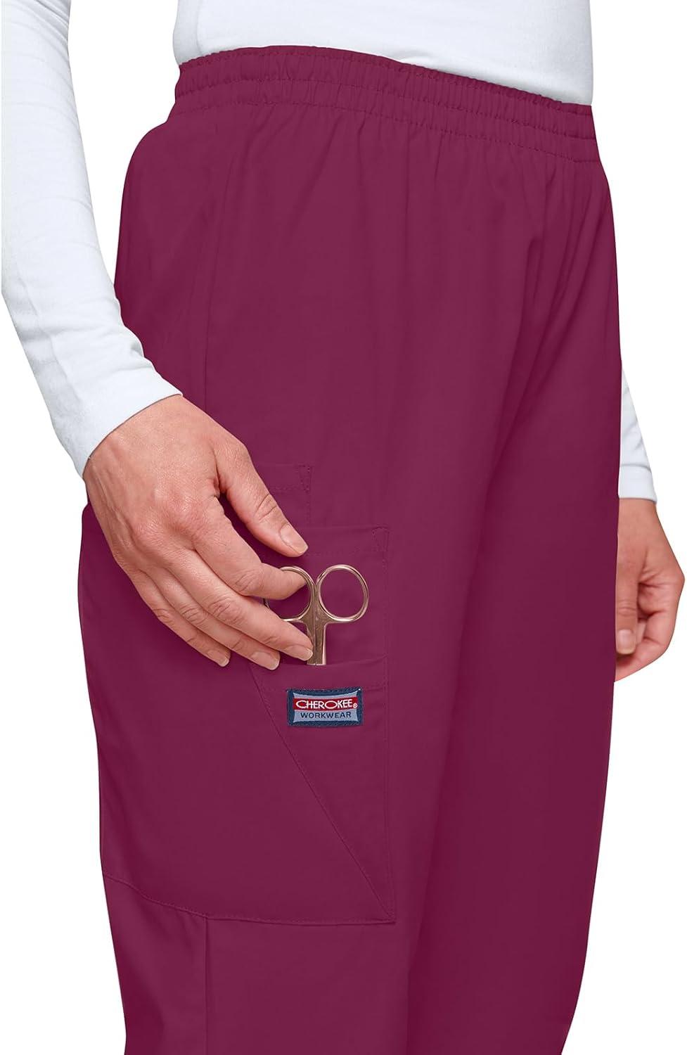imageCherokee Scrubs for Women Cargo Pant Natural Rise Tapered PullOn Bottom with 4 Pockets Fade Resistant Fabric 4200Wine