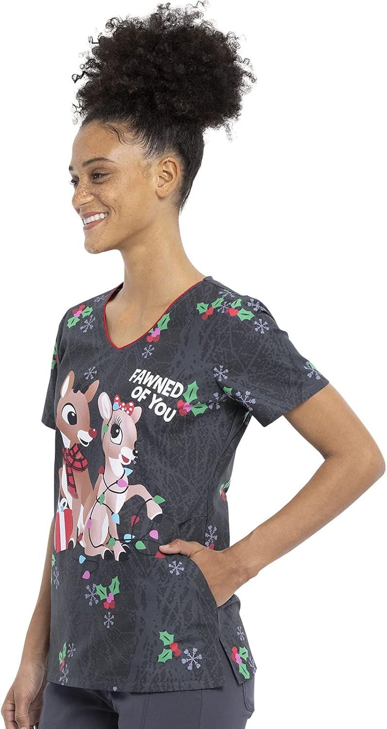 imageCherokee Scrubs for Women VNeck Printed Scrub Top Modern Classic Fit with Side Angled Pockets amp Shaping Darts TF626Fawned of You