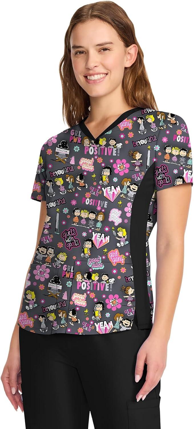 imageCherokee Womens VNeck Printed Scrub Top Contemporary Fit with Contrast Panels Princess Seams amp Patch Pockets TF783Beyoutiful