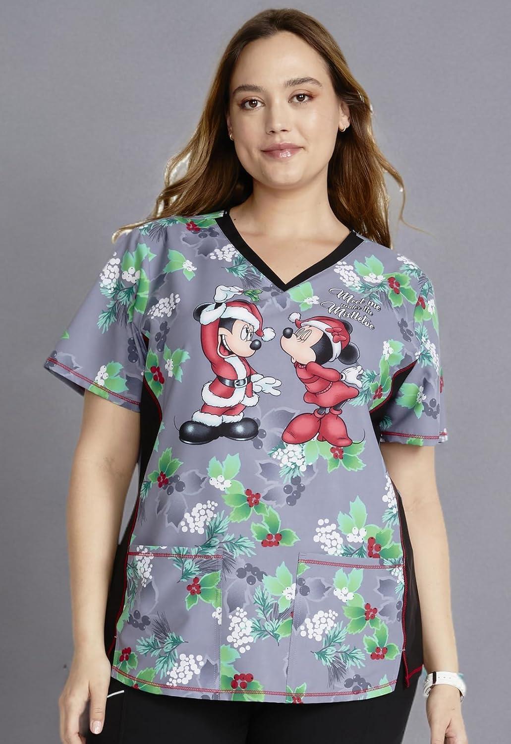 imageCherokee Womens VNeck Printed Scrub Top Contemporary Fit with Contrast Panels Princess Seams amp Patch Pockets TF783Under the Mistletoe