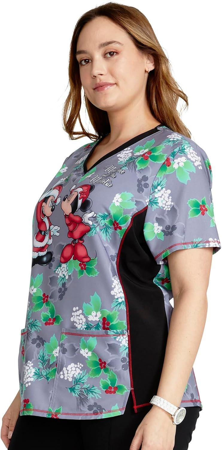 imageCherokee Womens VNeck Printed Scrub Top Contemporary Fit with Contrast Panels Princess Seams amp Patch Pockets TF783Under the Mistletoe