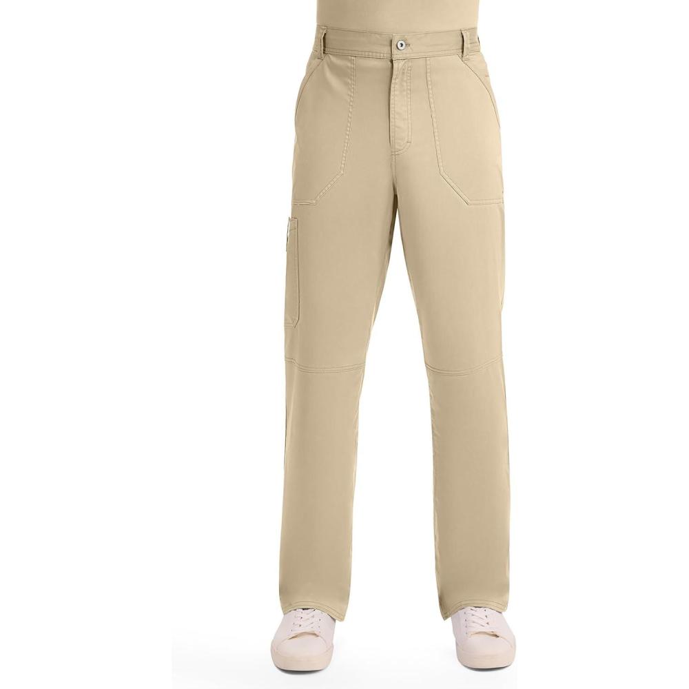 imageCherokee Mens Scrub Pants with Cargo Pockets TwoWay Stretch Modern fit Button Closure with Inside Drawstring Pants WW140Khaki