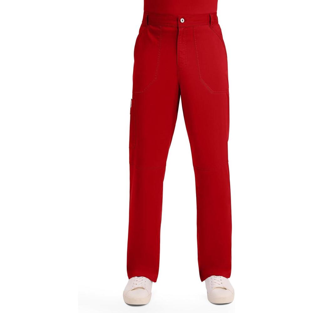 imageCherokee Mens Scrub Pants with Cargo Pockets TwoWay Stretch Modern fit Button Closure with Inside Drawstring Pants WW140Red
