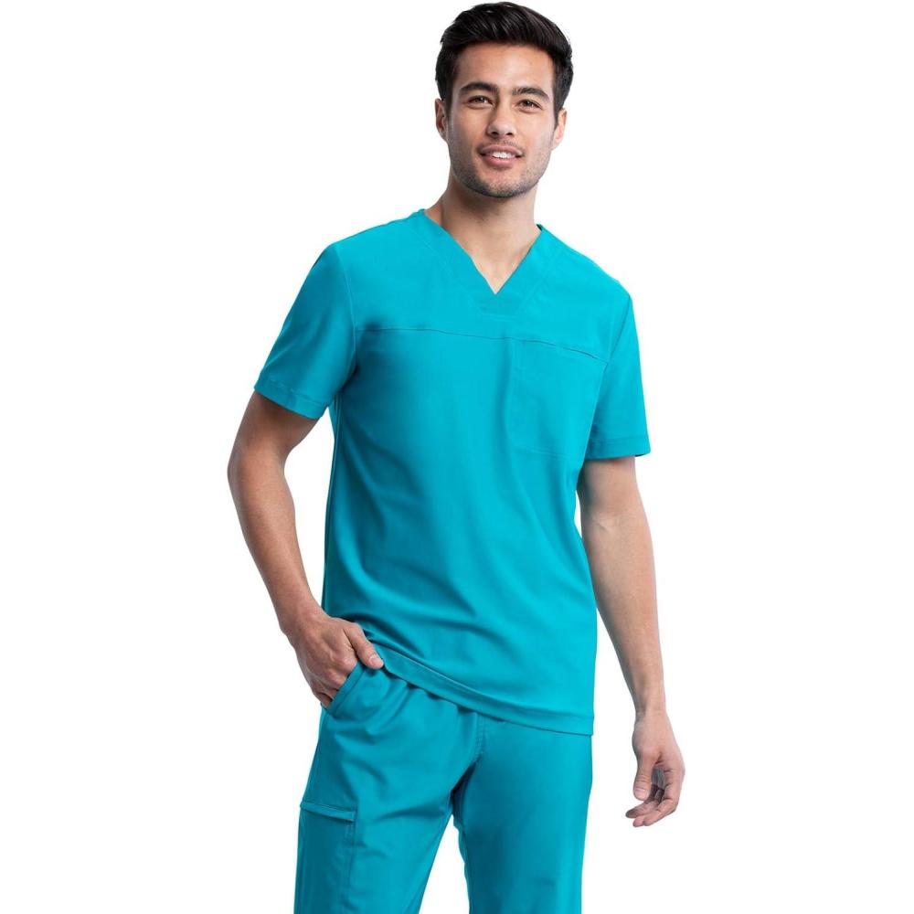 imageCherokee Mens VNeck Scrub Top Modern Fit One Chest Pocket with 360 Stretch Knit CK885Teal Blue
