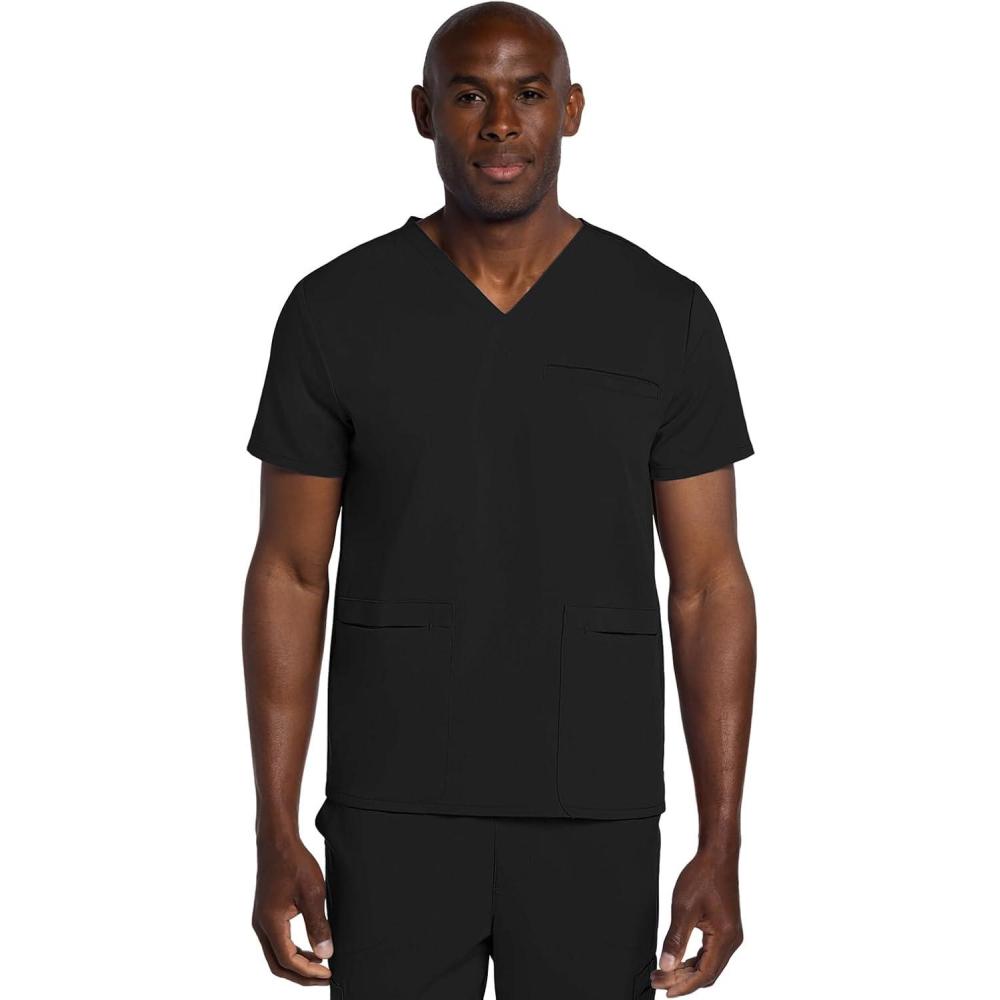 imageCherokee Mens VNeck Scrub Top with 3 Pockets HighLow Rounded Hem and Back Yoke Seam for Comfort CK719ABlack