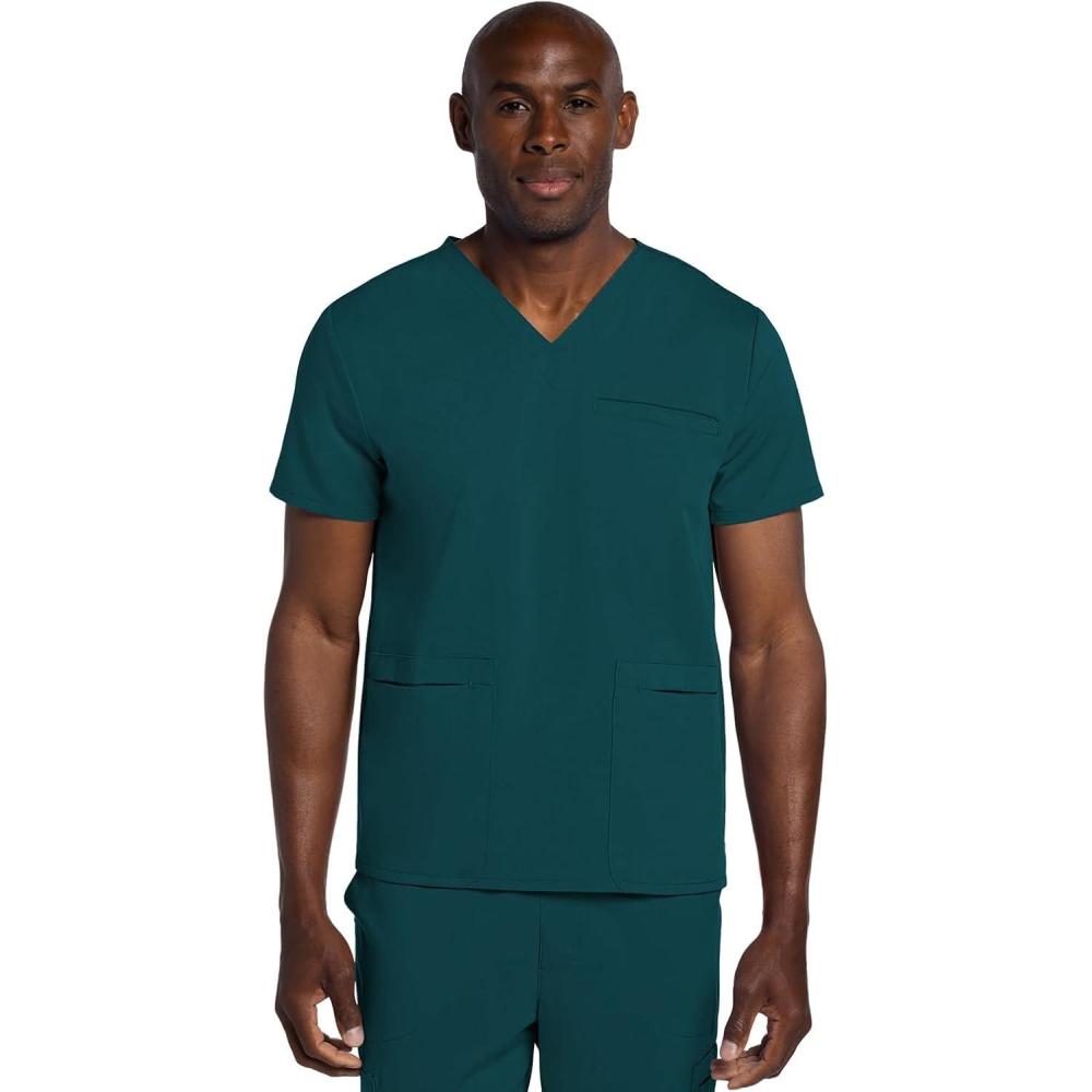 imageCherokee Mens VNeck Scrub Top with 3 Pockets HighLow Rounded Hem and Back Yoke Seam for Comfort CK719ACaribbean Blue