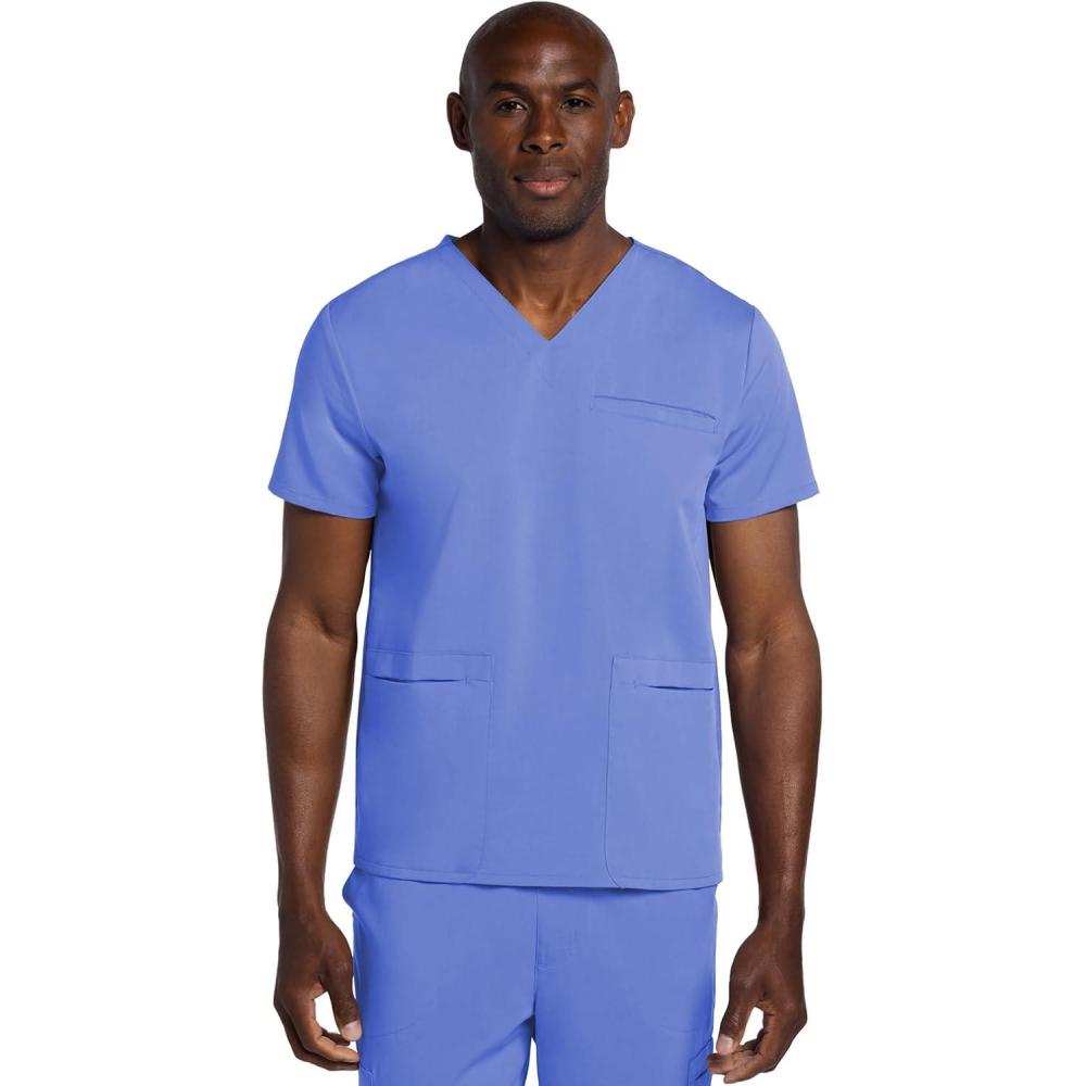 imageCherokee Mens VNeck Scrub Top with 3 Pockets HighLow Rounded Hem and Back Yoke Seam for Comfort CK719ACiel