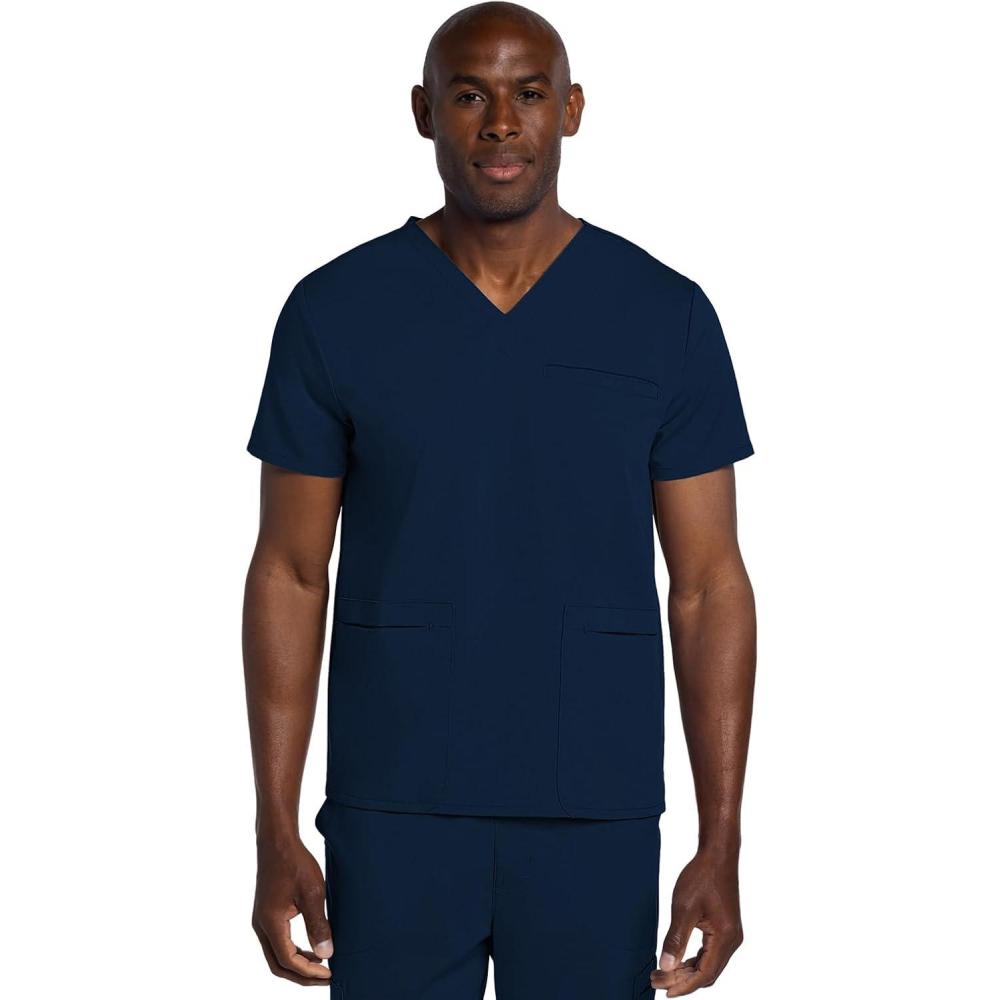 imageCherokee Mens VNeck Scrub Top with 3 Pockets HighLow Rounded Hem and Back Yoke Seam for Comfort CK719ANavy