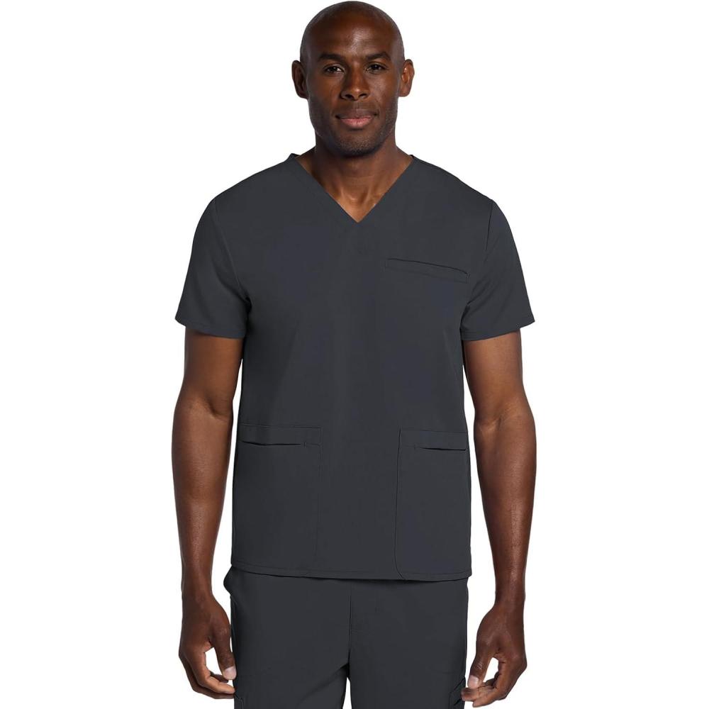 imageCherokee Mens VNeck Scrub Top with 3 Pockets HighLow Rounded Hem and Back Yoke Seam for Comfort CK719APewter