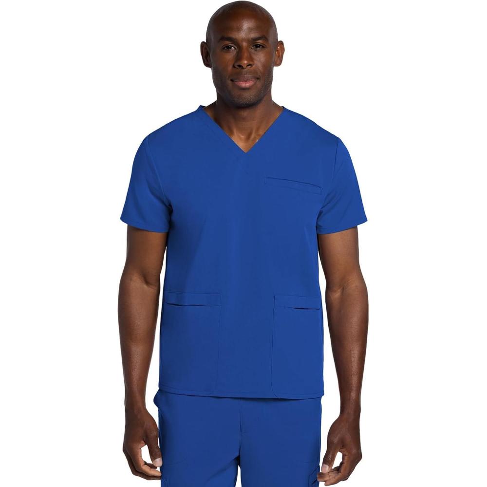 imageCherokee Mens VNeck Scrub Top with 3 Pockets HighLow Rounded Hem and Back Yoke Seam for Comfort CK719ARoyal