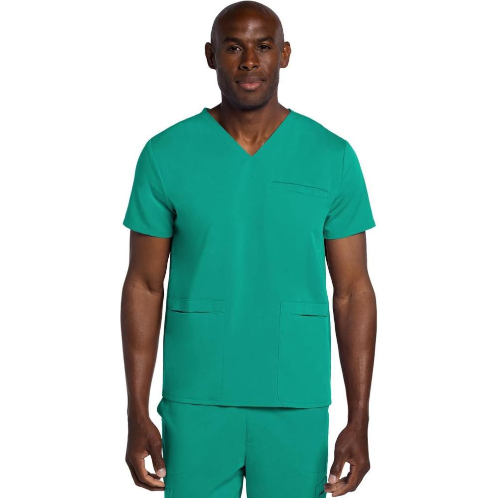 imageCherokee Mens VNeck Scrub Top with 3 Pockets HighLow Rounded Hem and Back Yoke Seam for Comfort CK719ATeal Blue