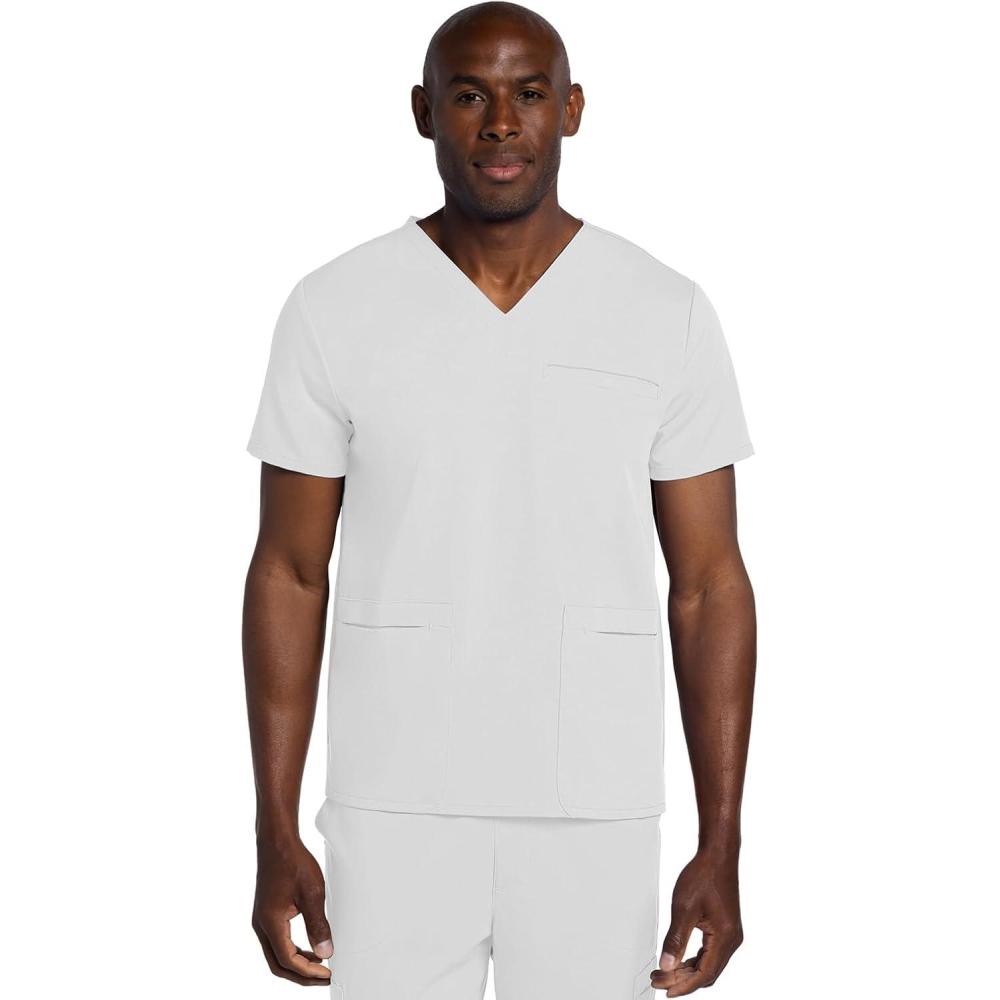 imageCherokee Mens VNeck Scrub Top with 3 Pockets HighLow Rounded Hem and Back Yoke Seam for Comfort CK719AWhite