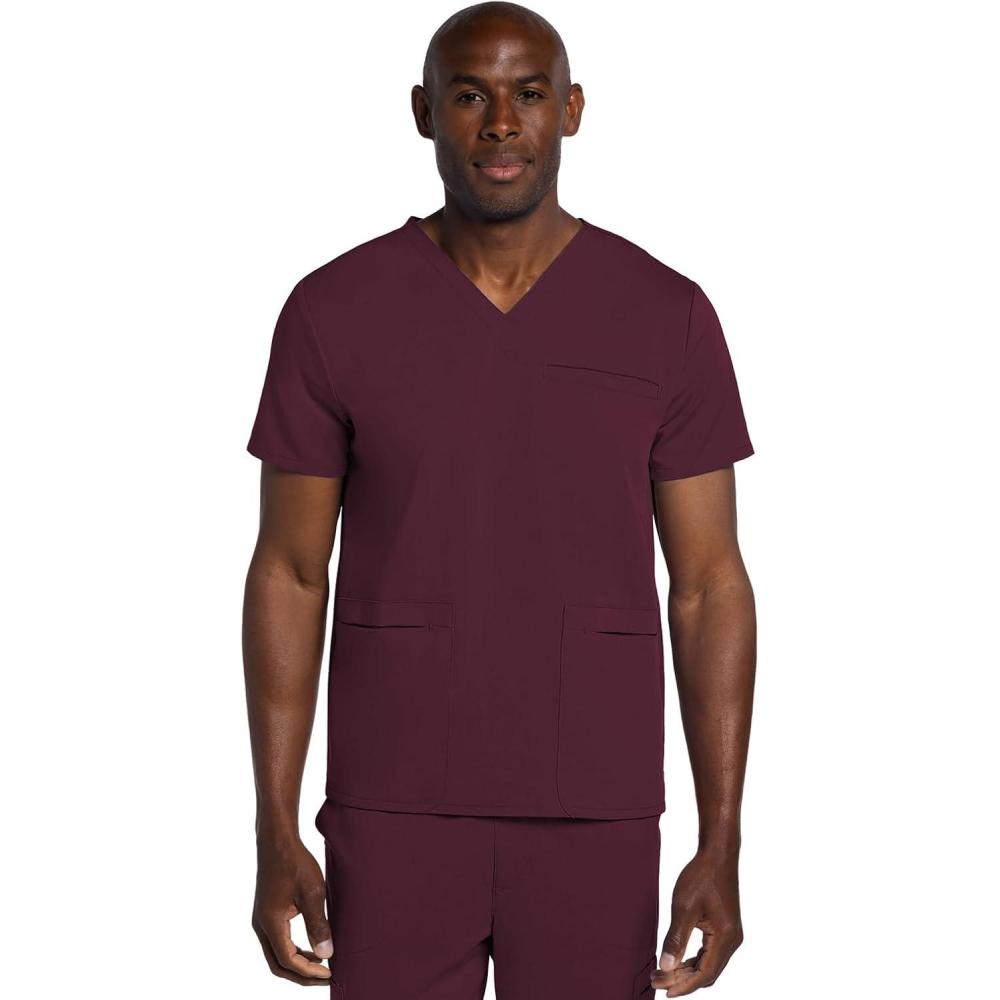 imageCherokee Mens VNeck Scrub Top with 3 Pockets HighLow Rounded Hem and Back Yoke Seam for Comfort  CK719AWine
