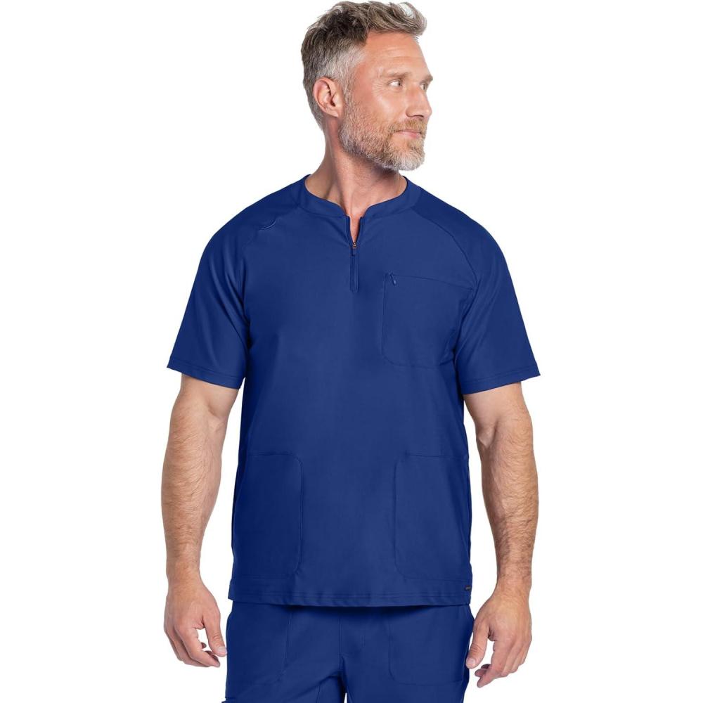 imageCherokee Scrubs for Men Zip Henley Top with 3 Pockets amp 360 Stretch Fabric CK812Galaxy Blue