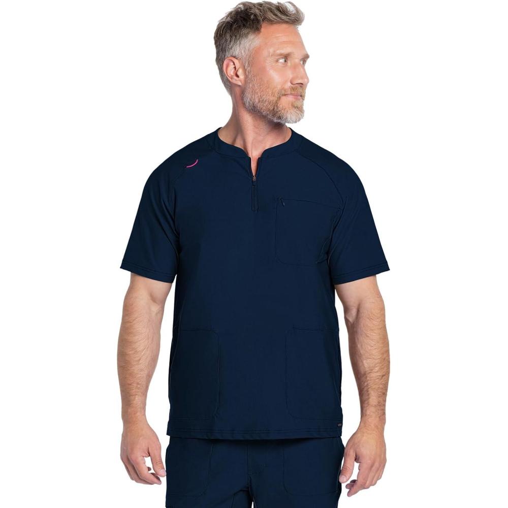 imageCherokee Scrubs for Men Zip Henley Top with 3 Pockets amp 360 Stretch Fabric CK812Navy