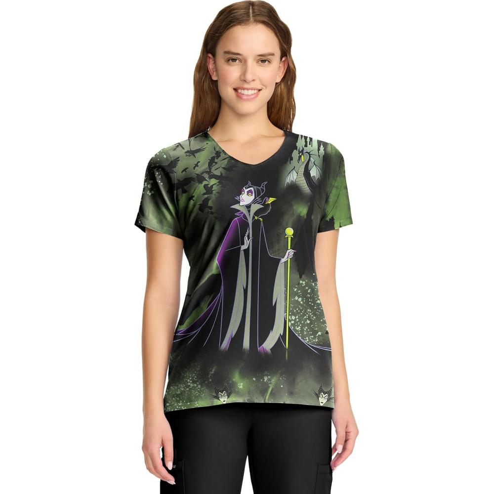 imageCherokee Scrubs for Women VNeck Printed Scrub Top Modern Classic Fit with Side Angled Pockets amp Shaping Darts TF626Dark Clouds