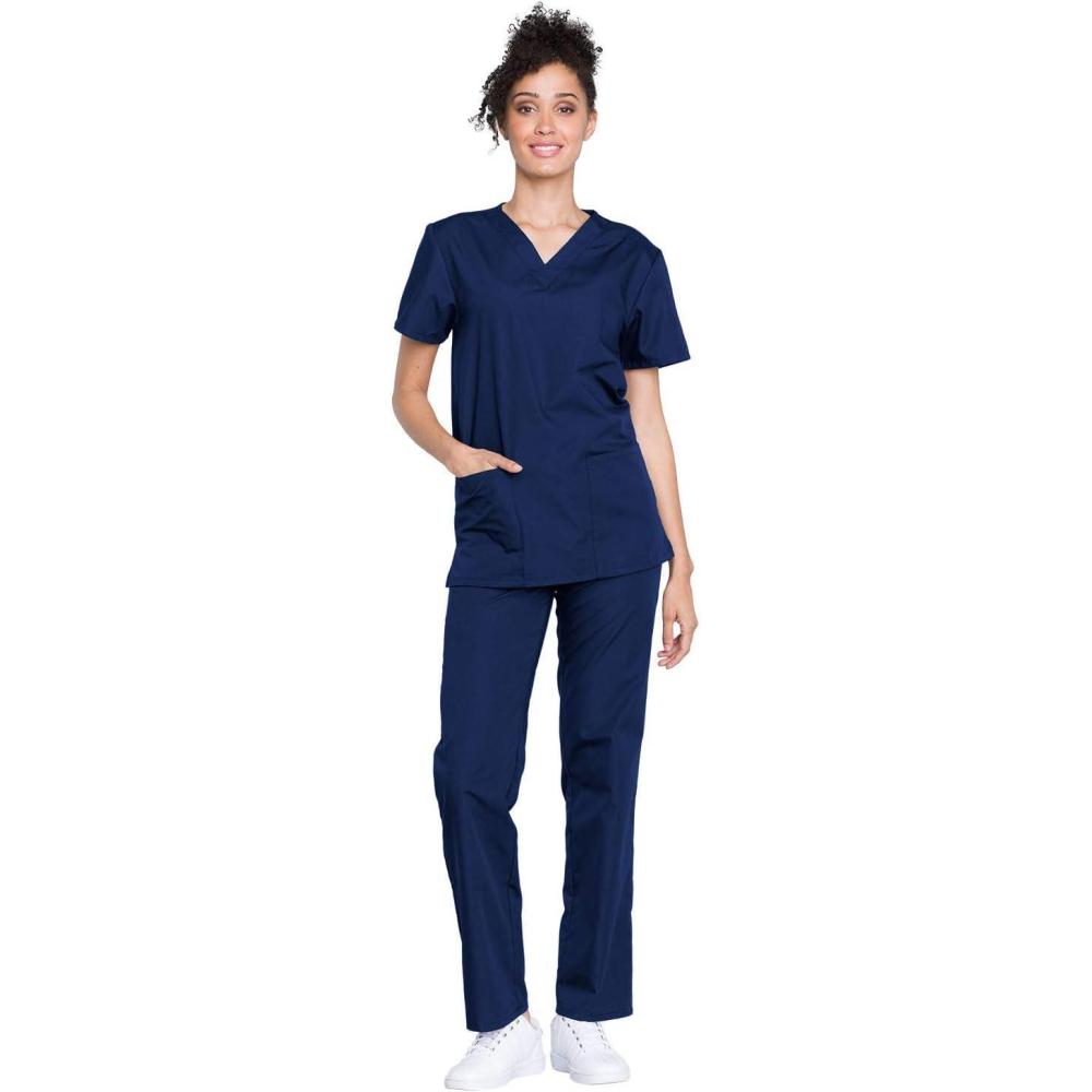 imageCherokee Unisex Scrub Set for Men amp Women VNeck Top amp Drawstring Pant Medical Uniform 3 Pockets Durable Easy Care  WW530CNavy
