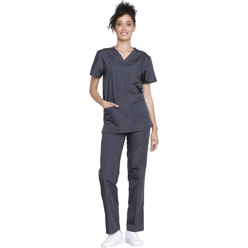 imageCherokee Unisex Scrub Set for Men amp Women VNeck Top amp Drawstring Pant Medical Uniform 3 Pockets Durable Easy Care WW530CPewter