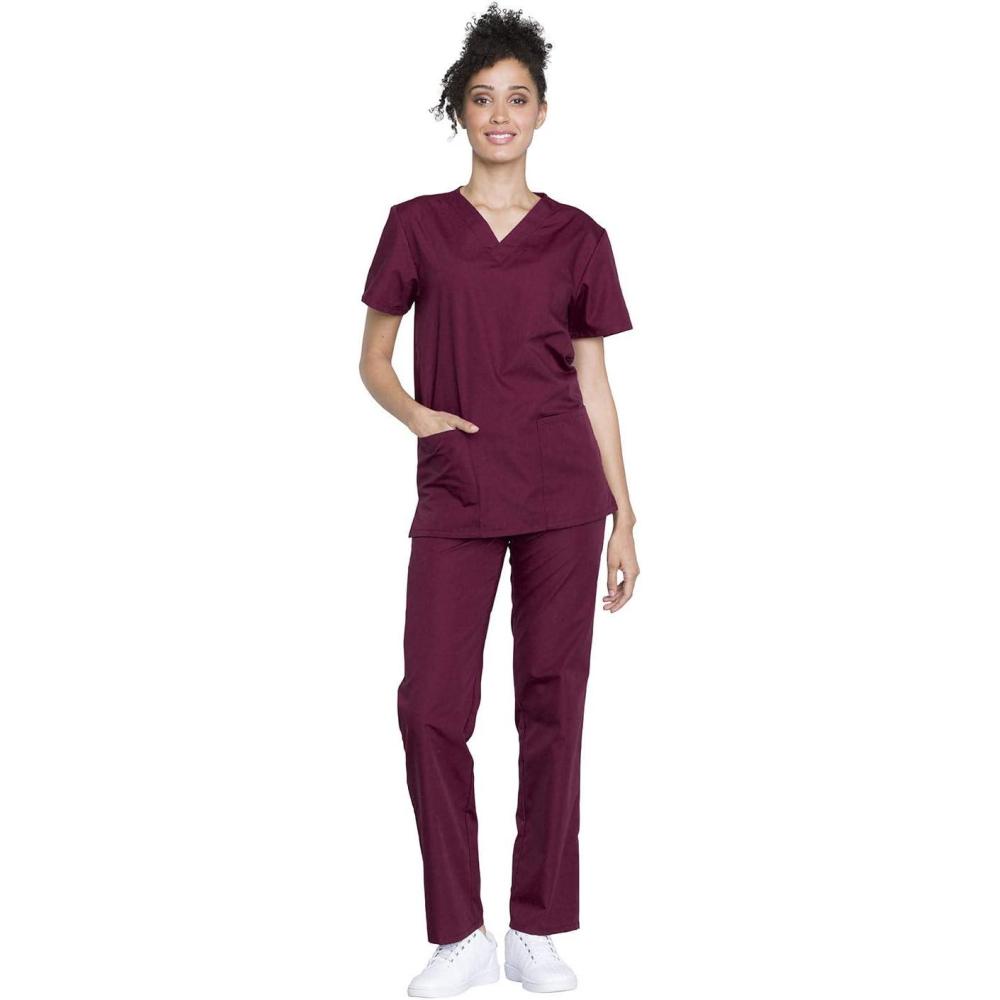 imageCherokee Unisex Scrub Set for Men amp Women VNeck Top amp Drawstring Pant Medical Uniform 3 Pockets Durable Easy Care WW530CWine