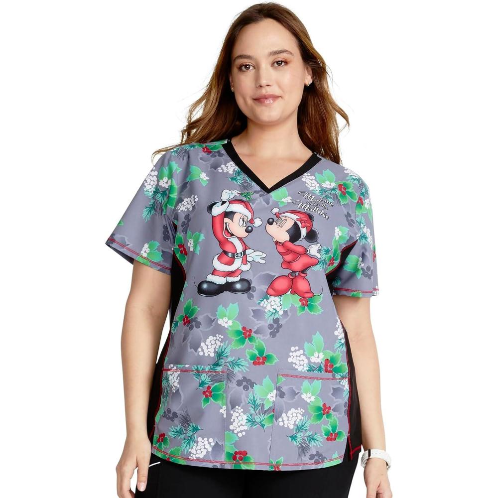 imageCherokee Womens VNeck Printed Scrub Top Contemporary Fit with Contrast Panels Princess Seams amp Patch Pockets TF783Under the Mistletoe