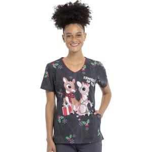 Cherokee Scrubs for Women V-Neck Printed Scrub Top Modern Classic Fit with Side Angled Pockets & Shaping Darts – TF626(Fawned of You)