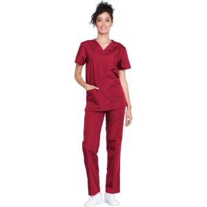 Cherokee Unisex Scrub Set for Men & Women V-Neck Top & Drawstring Pant Medical Uniform 3 Pockets, Durable Easy Care – WW530C(Red)