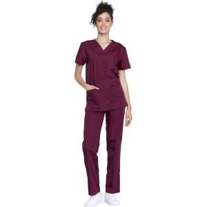 Cherokee Unisex Scrub Set for Men & Women V-Neck Top & Drawstring Pant Medical Uniform 3 Pockets, Durable Easy Care – WW530C(Wine)